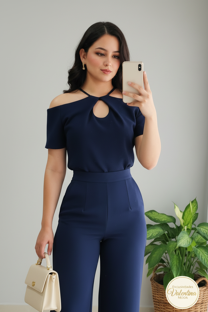 Jumpsuit Azul Marino Off-Shoulder Halter Keyhole y Palazzo cod.00141