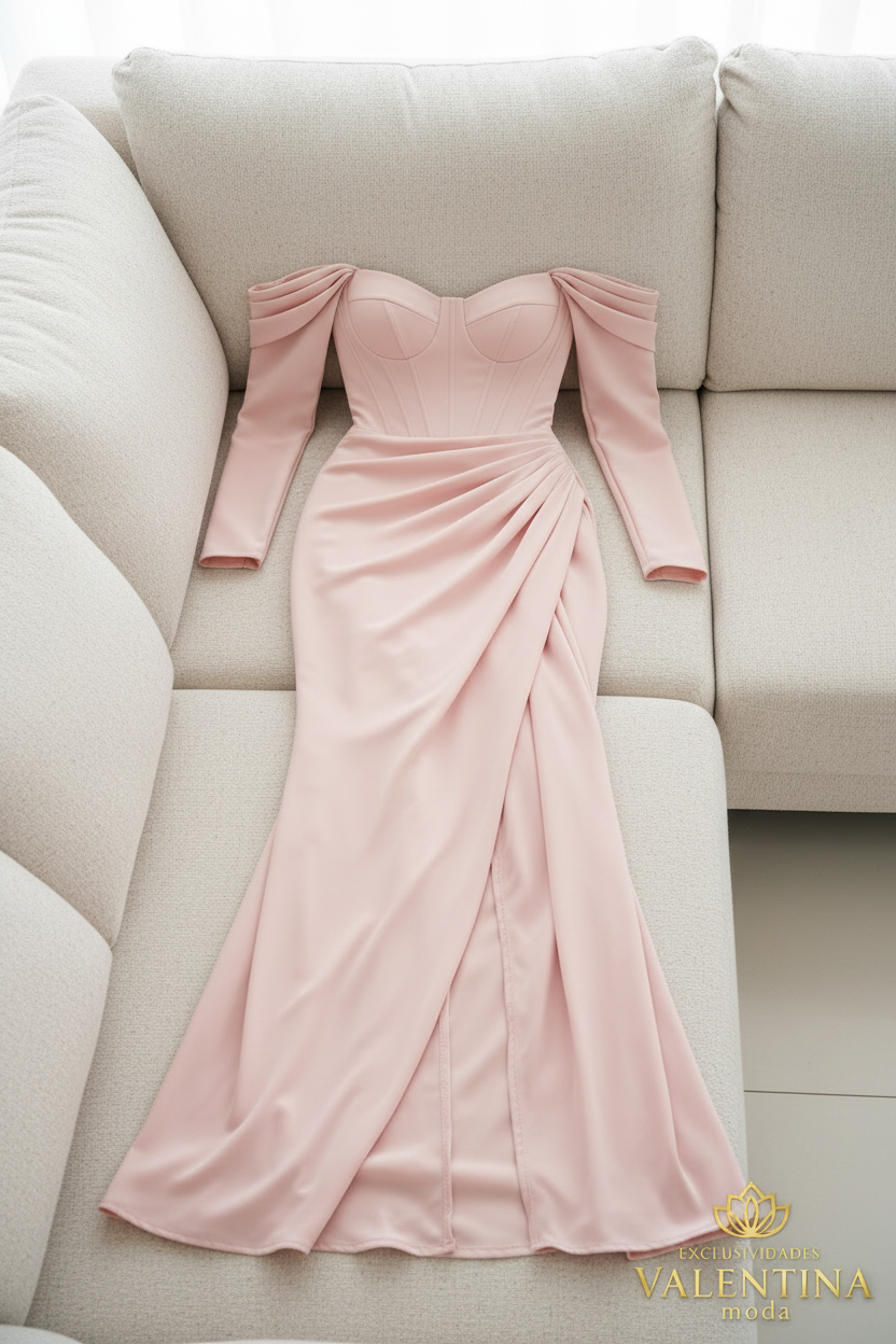 Vestido Rosa Palo Off-Shoulder Manga Larga con Corset y Drapeado cod.V532