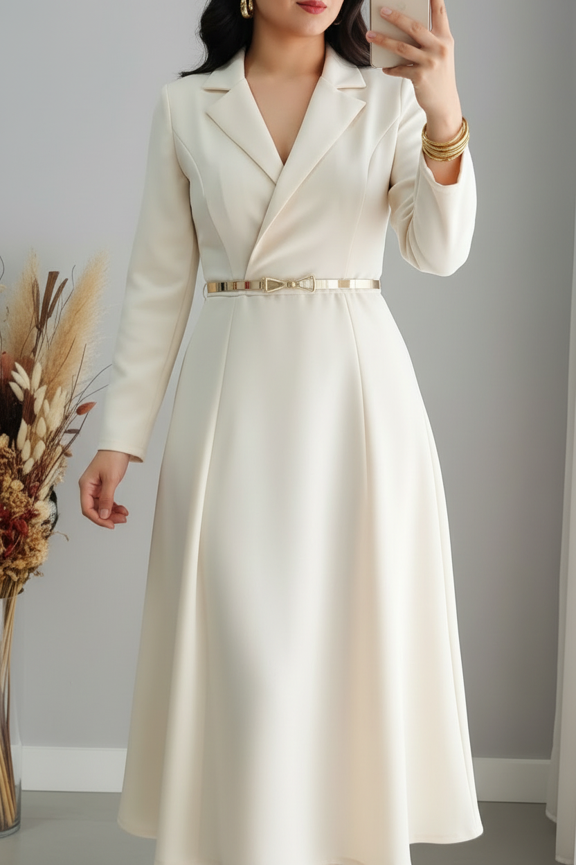 Vestido Ivory Tipo Blazer con Falda A-Line y Cinturón Dorado cod.V373
