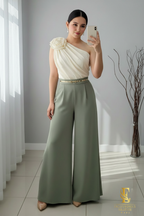 Conjunto Blusa Crema One-Shoulder con Palazzo Verde Salvia cod.C347
