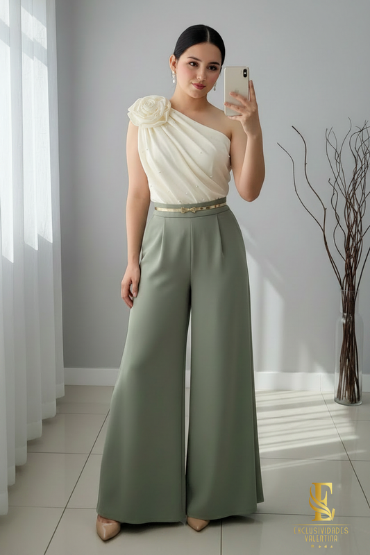 Conjunto Blusa Crema One-Shoulder con Palazzo Verde Salvia cod.C347