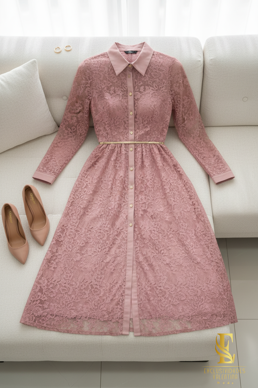 Vestido Rosa Palo Encaje Camisero Midi con Cinturón Dorado cod.V293