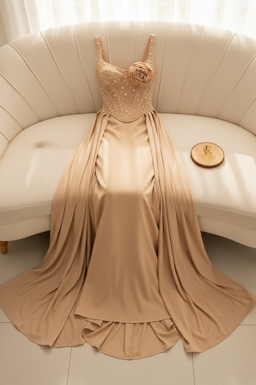Vestido Nude Champagne Corset Illusion con Perlas, Rosa 3D y Falda Plisada a los lados cod.815