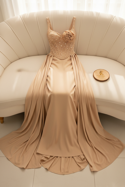 Vestido Nude Champagne Corset Illusion con Perlas, Rosa 3D y Falda Plisada a los lados cod.815