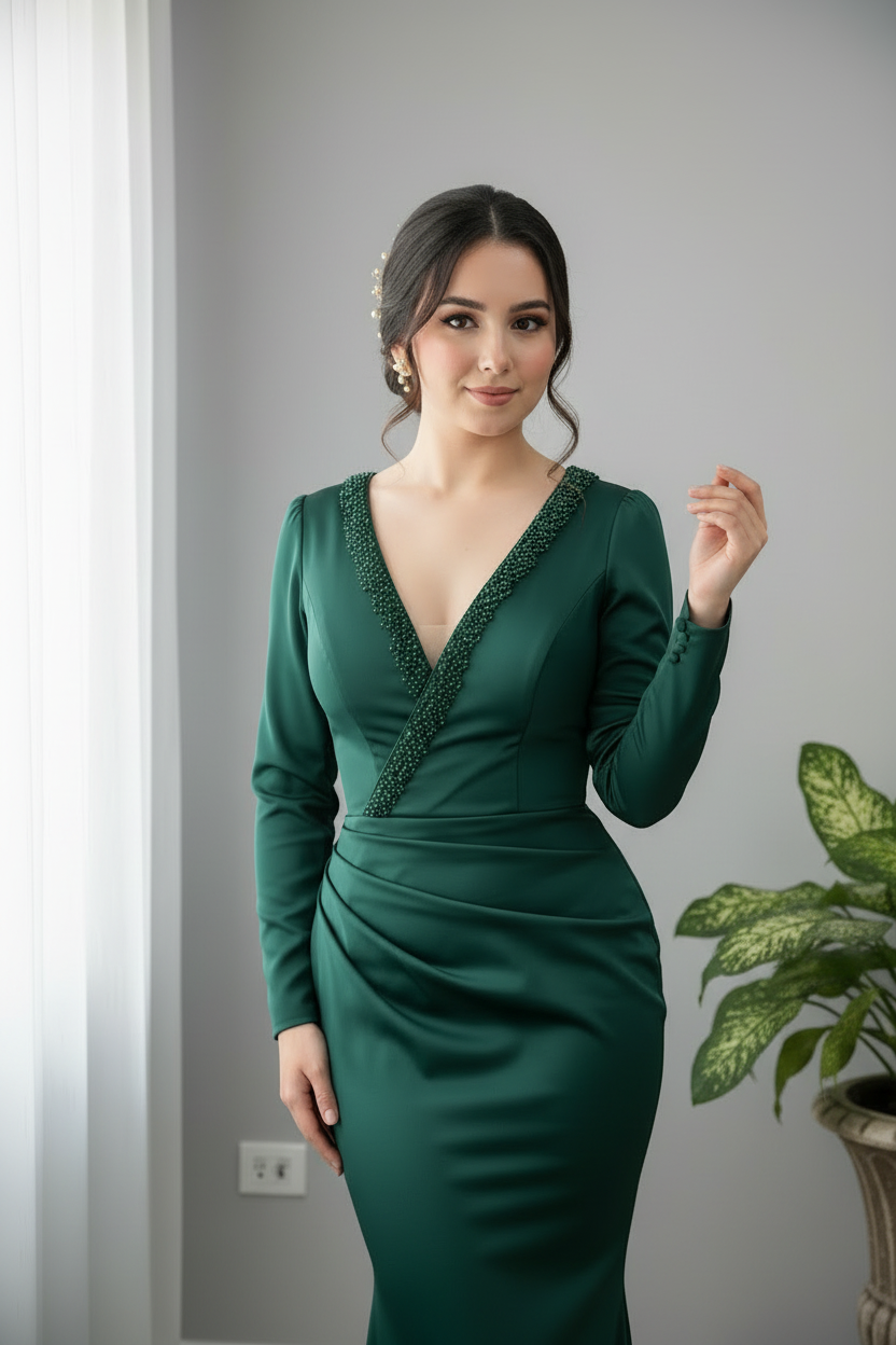 Vestido Verde Esmeralda Manga Larga Cuello V Perlas cod.0020