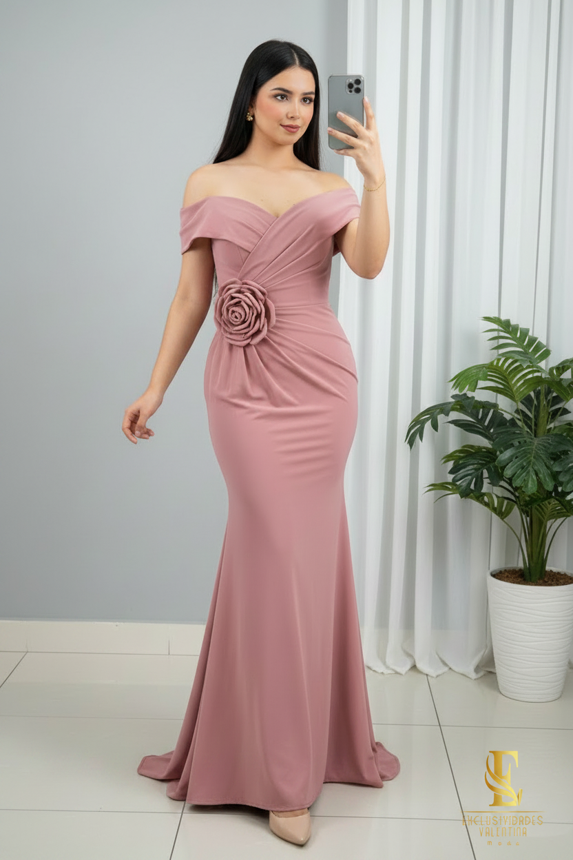 Vestido Off-Shoulder Rosa Palo con Rosa en Cintura cod.0062