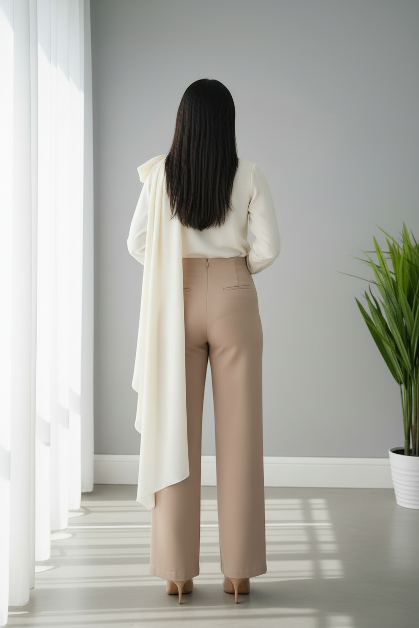Conjunto Ivory Drape & Beige Palazzo – Top Crema Drapeado Asimétrico con Lazo + Pantalón Palazzo Beige cod.698