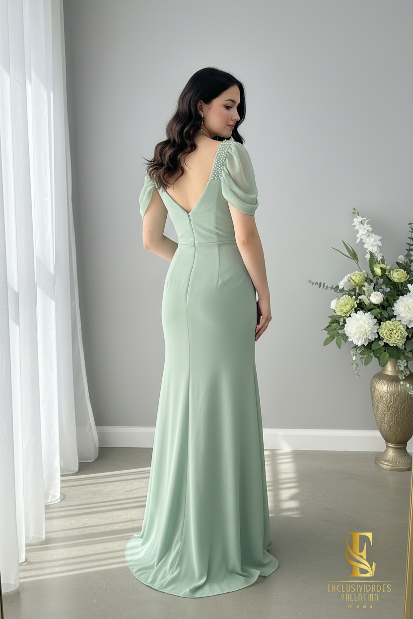 Vestido Sirena Verde Sage | V-Neck con Tirantes de Pedrería, Manga Drapeada y Abertura cod.V517