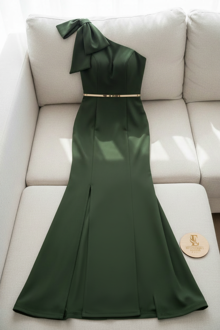 Vestido Verde Militar Un Hombro con Moño y Cinturón Dorado cod.728