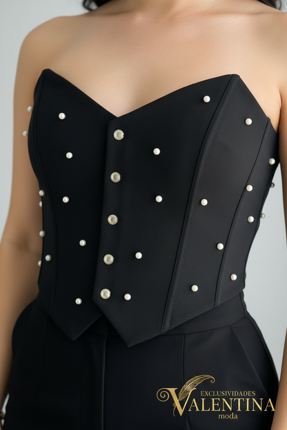 Conjunto Negro Corset con Perlas + Pantalón Wide-Leg