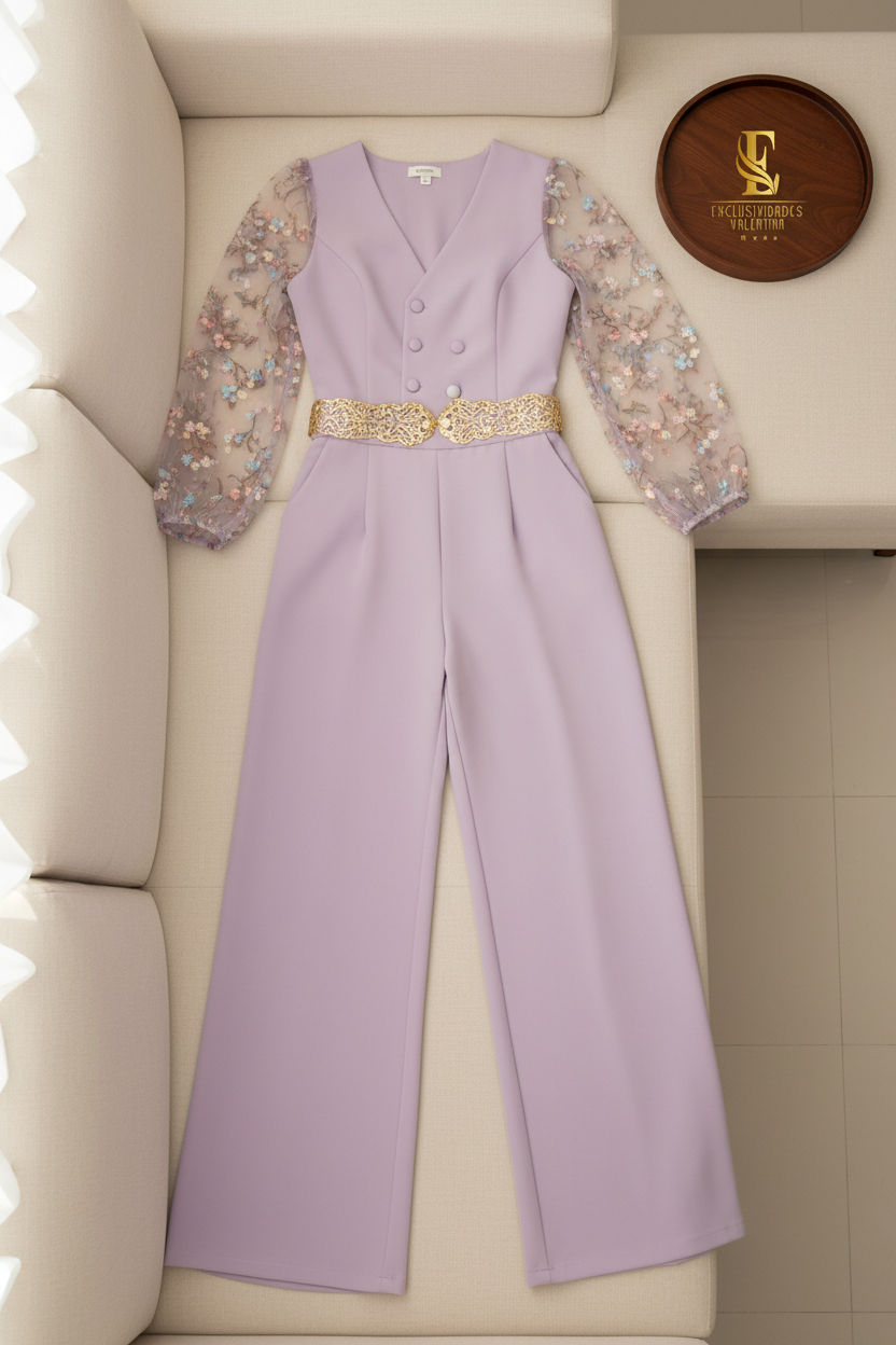 Conjunto Lila — Top Chaleco Mangas Bordadas & Palazzo cod.0043