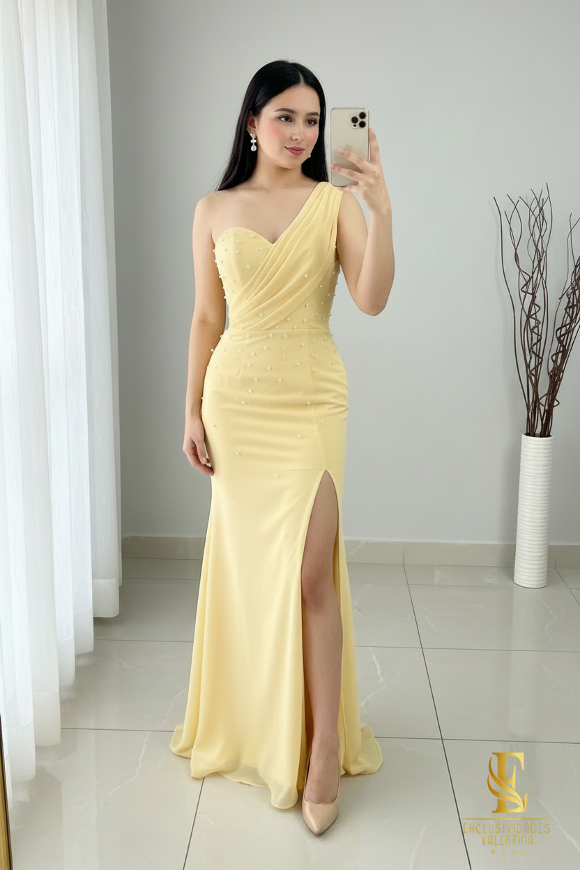 Vestido Amarillo Pastel Sirena Un Hombro Perlas Abertura cod.V335