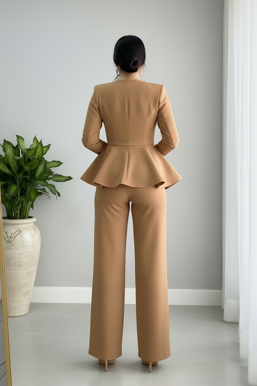 Conjunto Dos Piezas Camel — Blazer Bustier Peplum Botones Dorados & Pantalón Palazzo cod.904