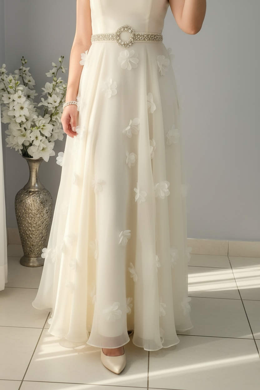 Vestido Ivory A-Line Sin Mangas con Pétalos 3D cod.V548