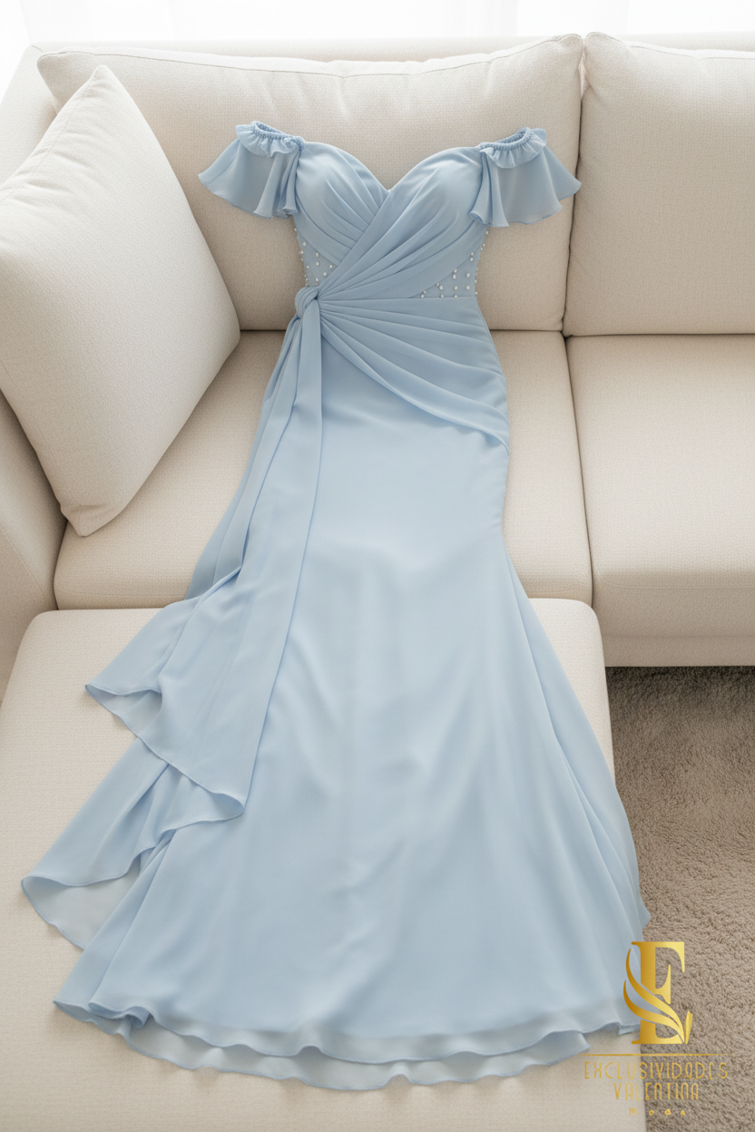 Vestido Sirena Azul Cielo | Off-Shoulder con Volantes, Perlas y Lazo en Gasa cod.V516