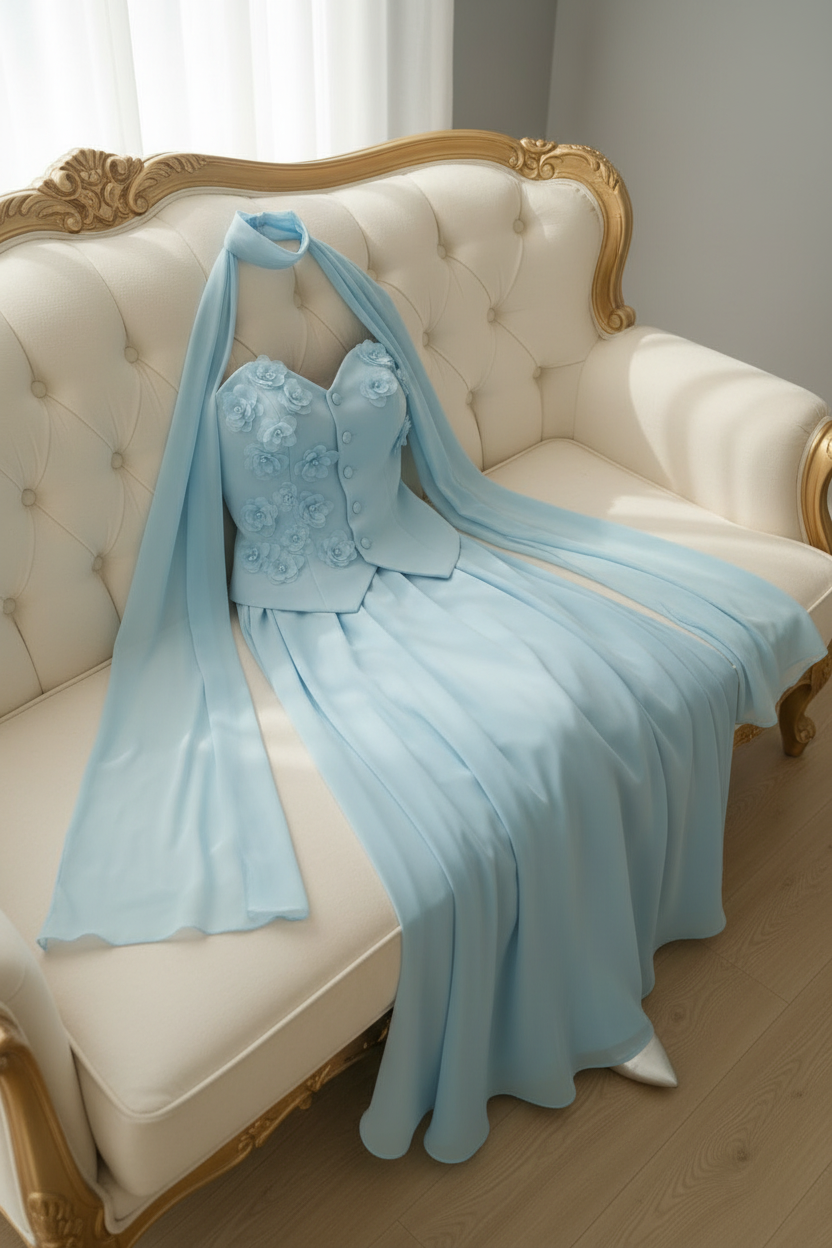 Conjunto Azul Cielo con Capa y Rosas D cod.C637