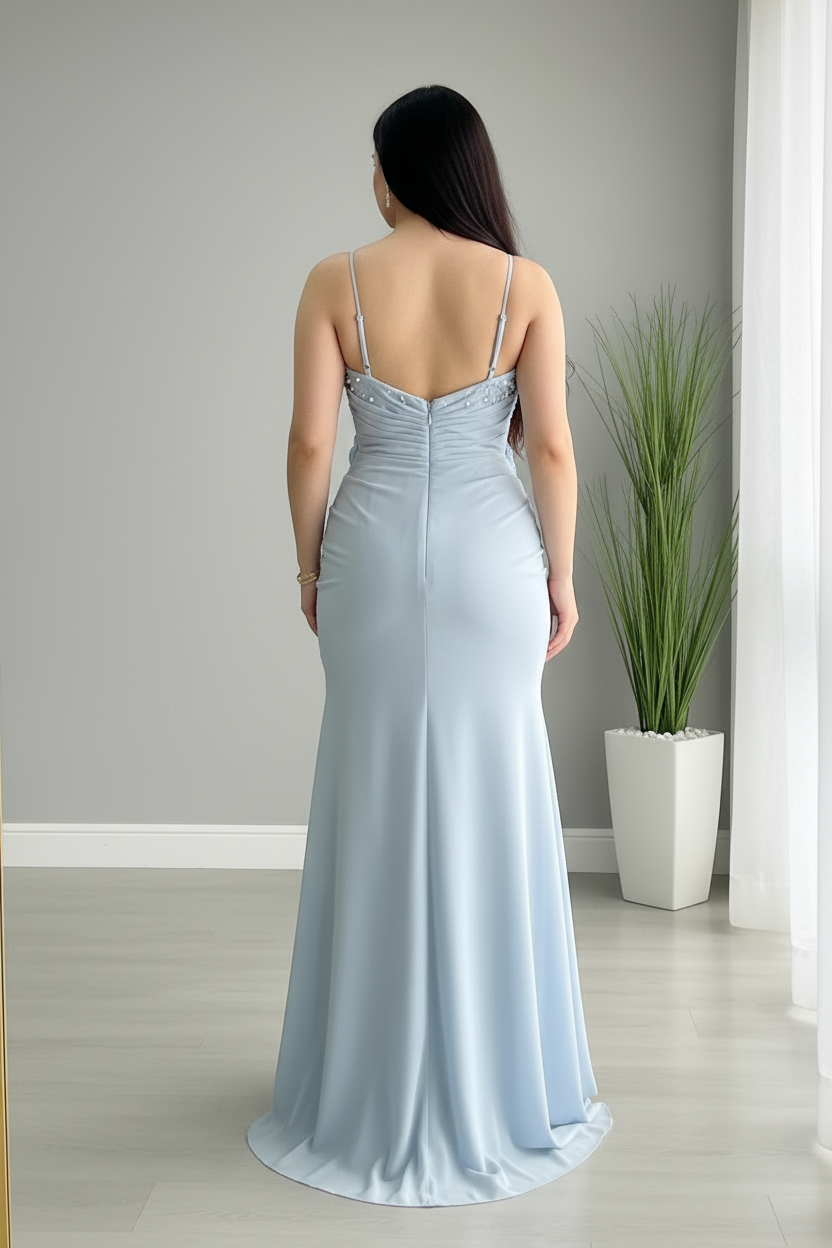Vestido Azul Cielo Maxi con Rosas 3D y Perlas cod.962