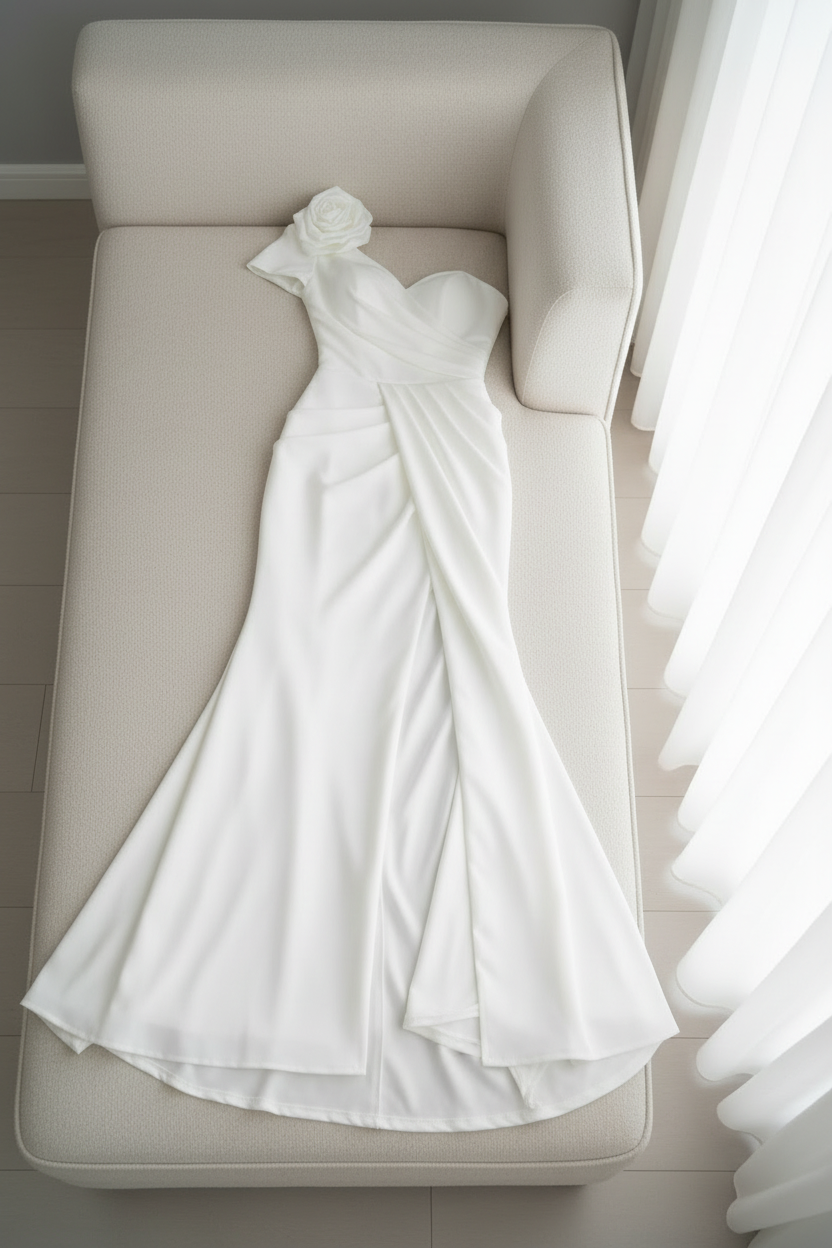 Vestido Blanco Un Hombro Sirena con Rosa 3D y Abertura cod.V368