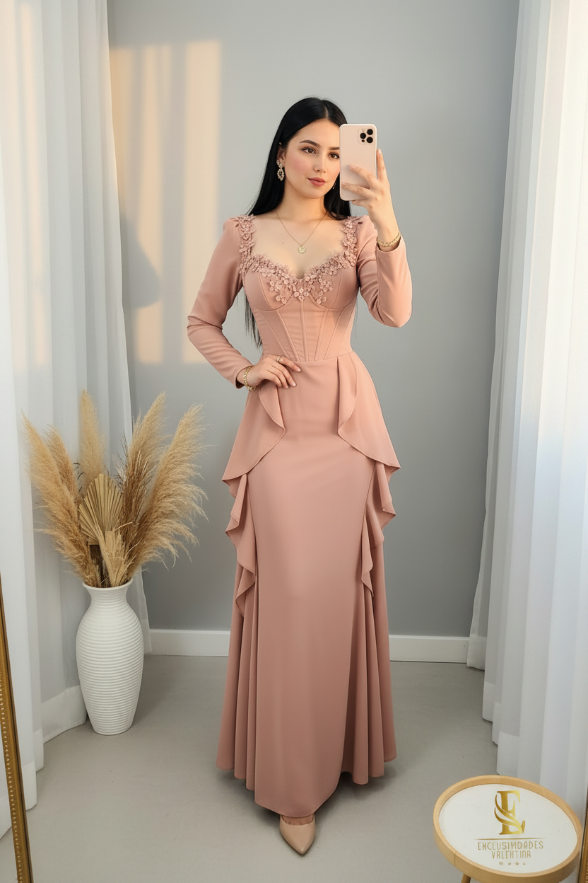 Vestido Rosa Nude Corset Flores 3D Peplum cod.00169