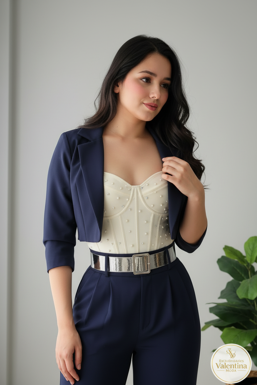 Conjunto 3 Piezas Azul Marino Blazer Bustier Palazzo cod.00127