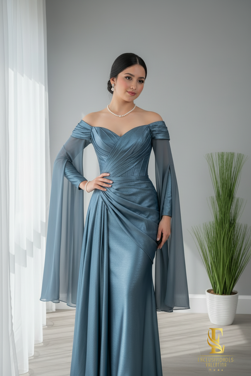 Vestido Azul Acero Off-Shoulder con Mangas Campana Largas cod.V676