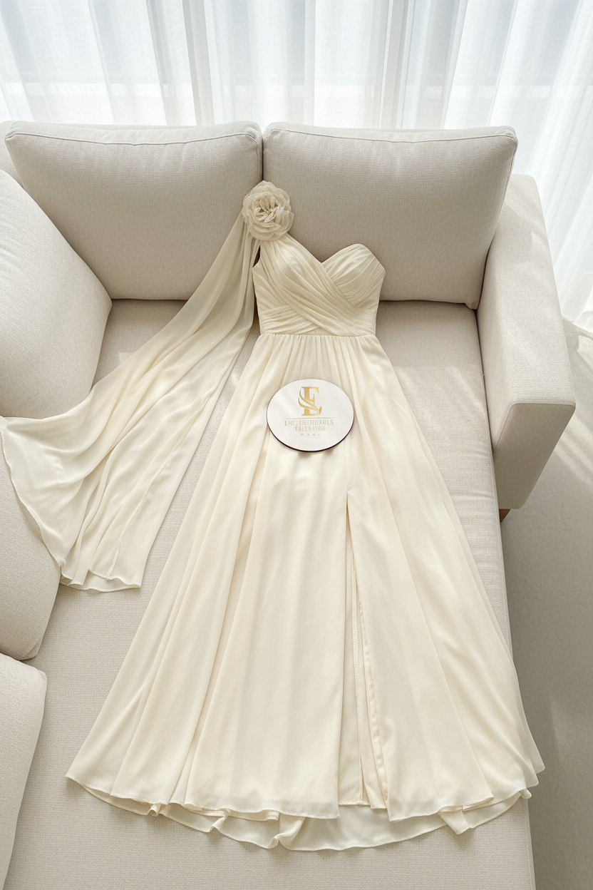 Vestido Crema Marfil One-Shoulder Chifón con Flor, Capa y Abertura cod.0082