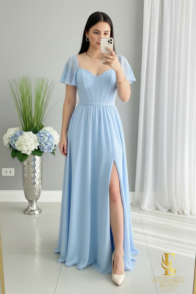 Vestido Azul Cielo | A-Line Sweetheart Corsé con Mangas Mariposa, Perlas y Abertura cod.V521