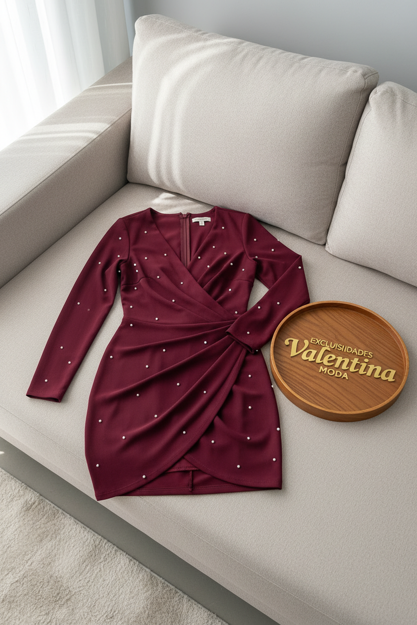 Vestido Vino Manga Larga con Pedrería cod.946