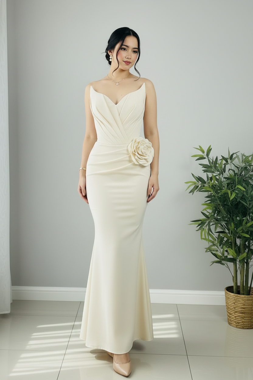 Vestido Sirena Marfil — Escote V, Tirantes Finos, Rosa 3D Cadera & Espalda Corset cod.898