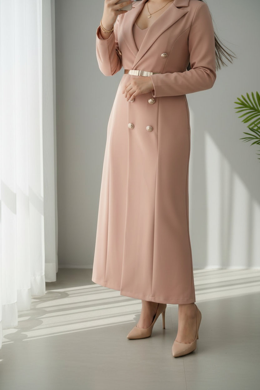 Vestido Blazer Rose Gold – Doble Botonadura con Cinturón Dorado cod.687