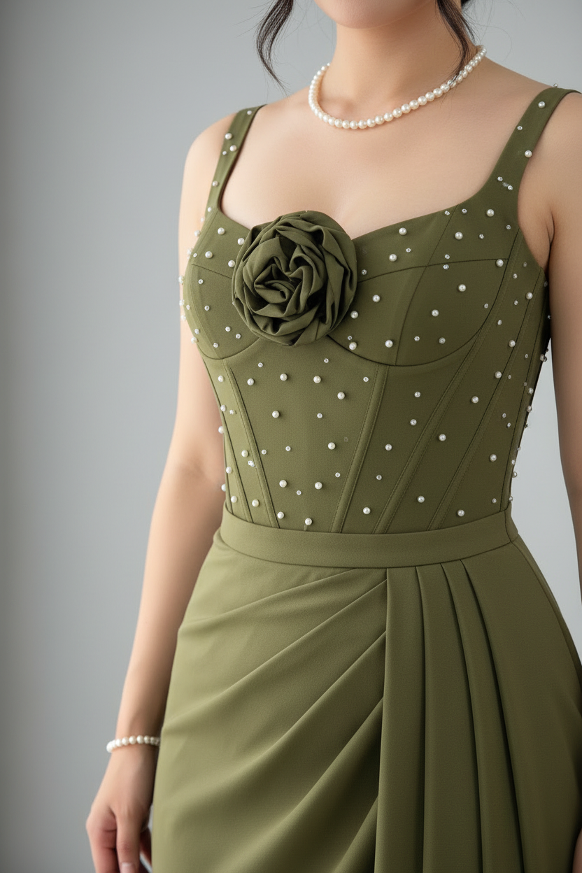Vestido Verde Oliva Tirantes Corset con Perlas Rosa 3D y Drapeado Asimétrico cod.816