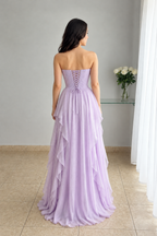Vestido largo lila escote corazón con volantes y espalda corsé cod. VC019