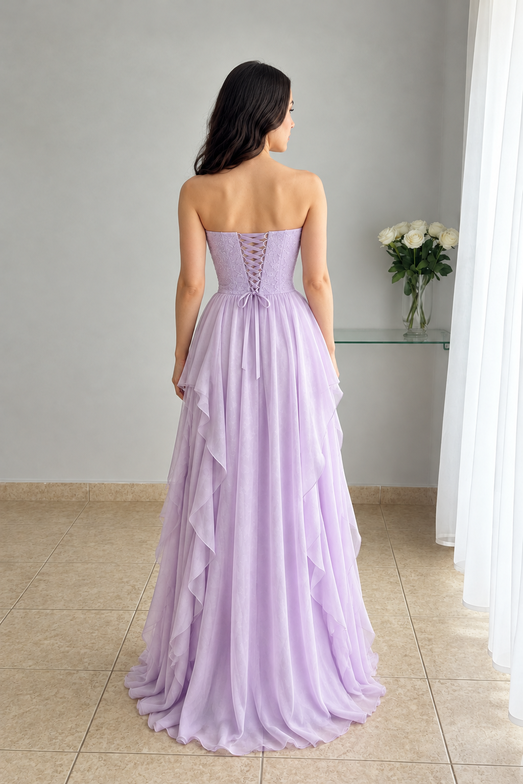 Vestido largo lila escote corazón con volantes y espalda corsé cod. VC019