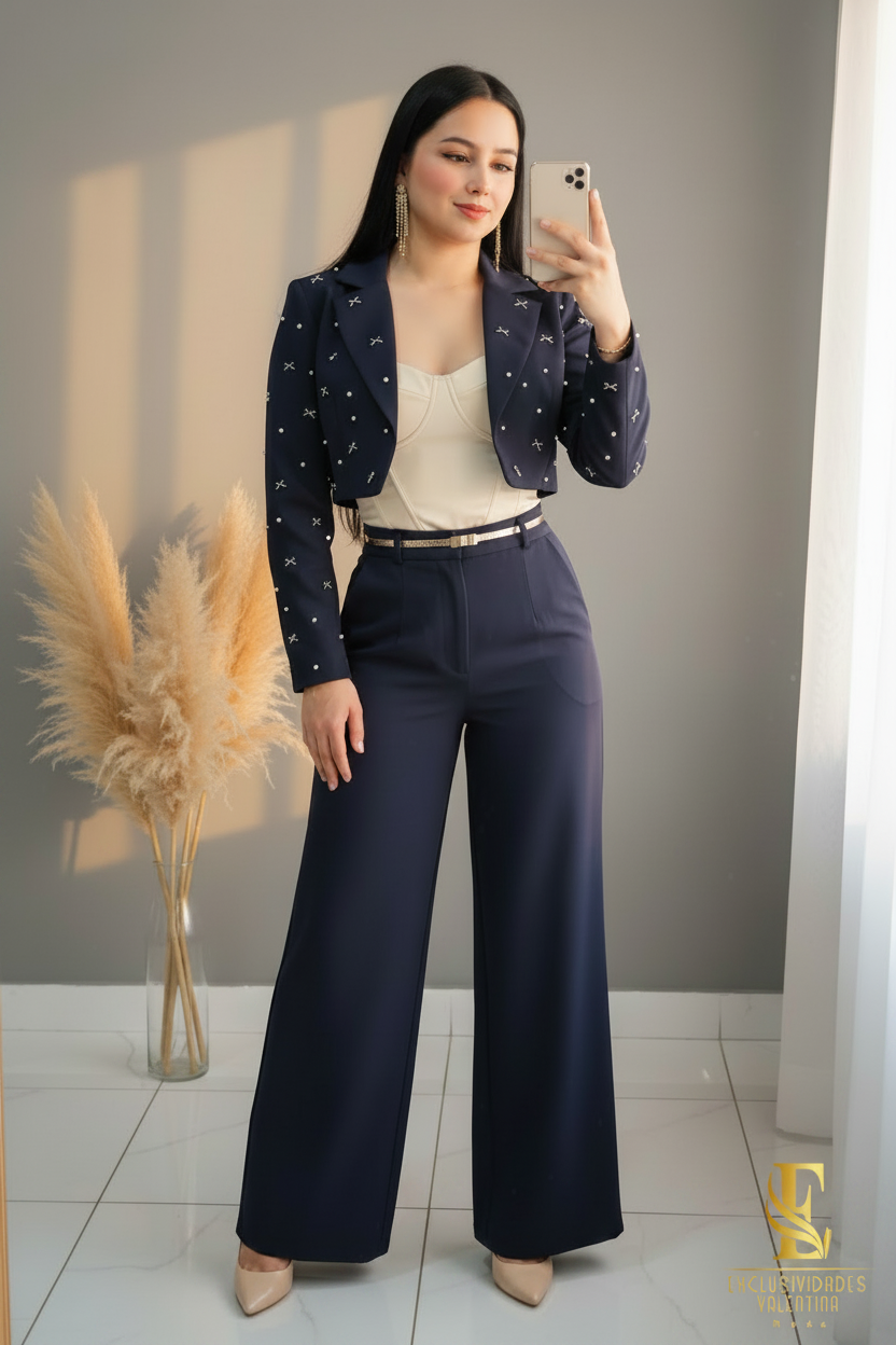 Conjunto Navy Pearl Blazer Cropped & Palazzo cod.C229