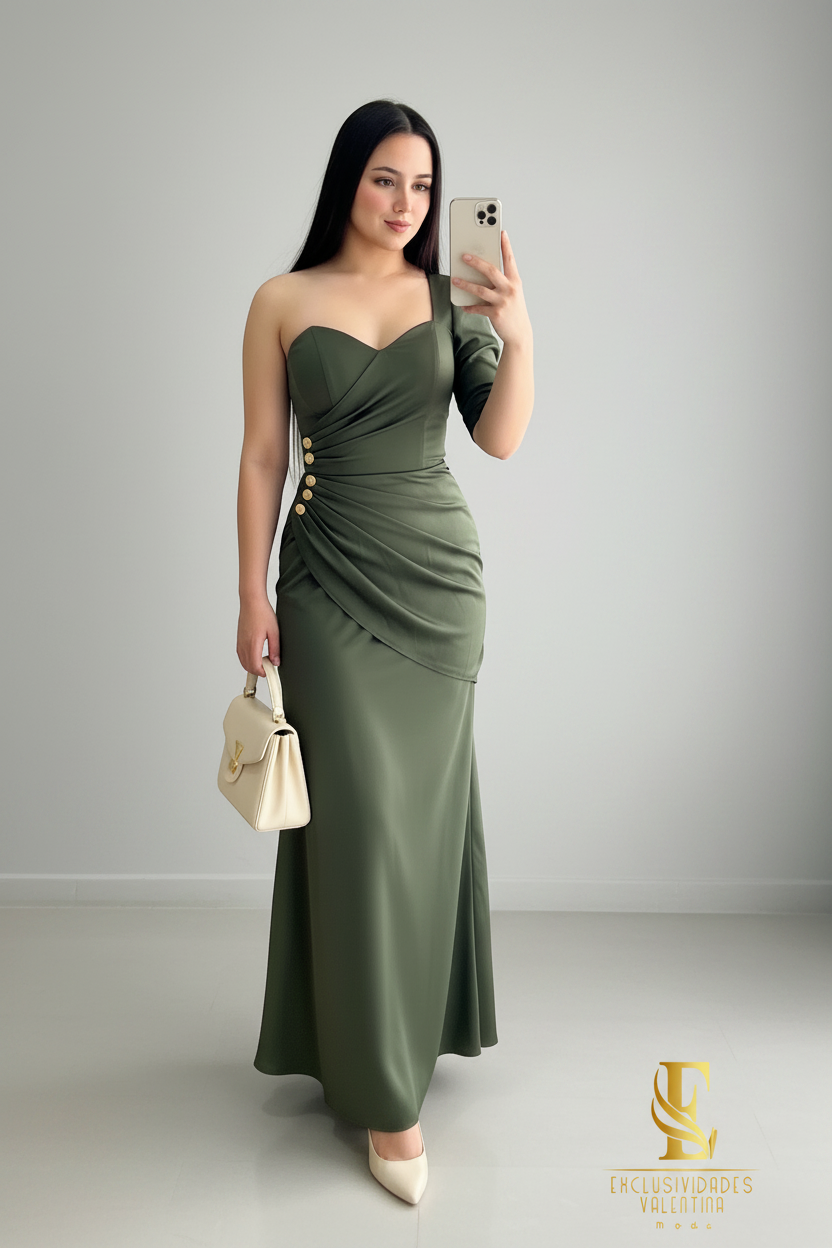 Vestido Verde Olivo | Un Hombro Manga Larga con Drapeado y Botones Dorados cod.V524