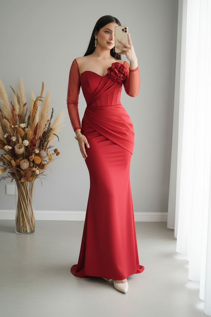 Vestido Rojo Manga Tul Asimétrica Rosa 3D Sirena cod.V431