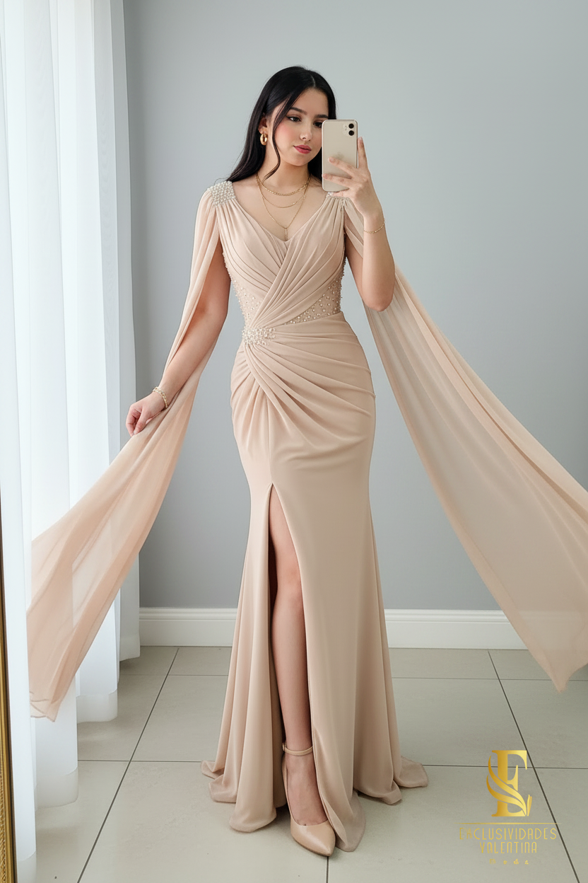 Vestido Sirena Nude Champagne | V-Neck Drapeado con Perlas y Mangas Capa cod.V512