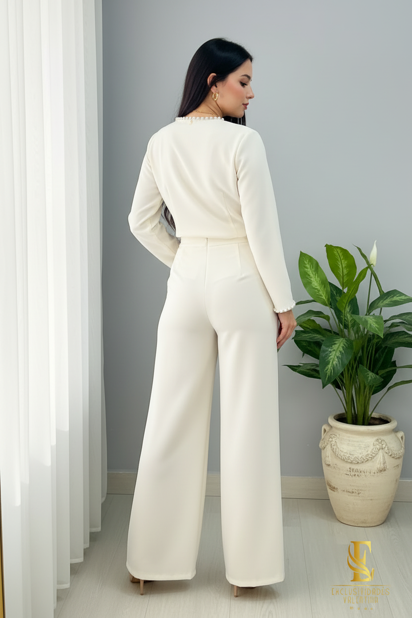 Conjunto Marfil — Top Cruzado con Perlas & Palazzo cod.0038