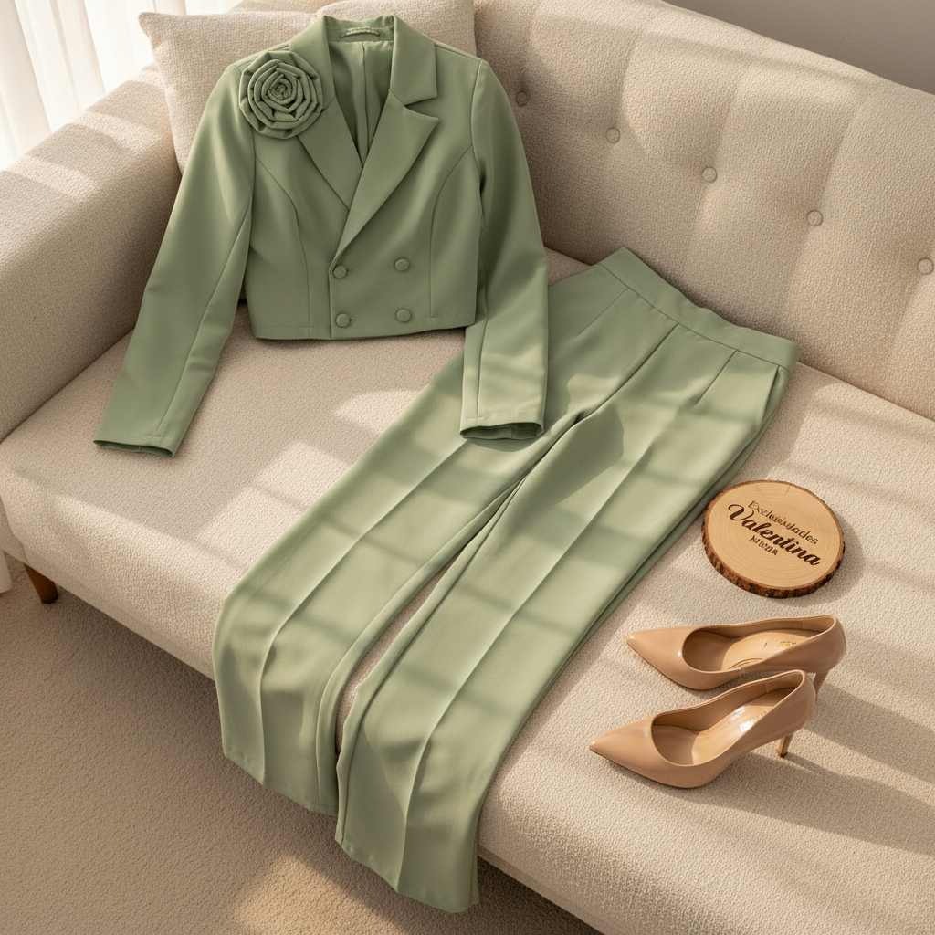 Conjunto Rose Vert – Blazer Crop con Rosa & Pantalón Palazzo cod.666