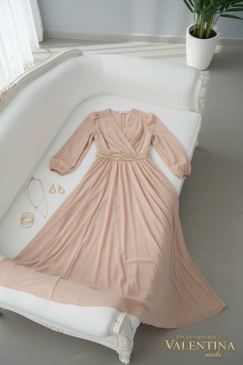 Vestido Largo Nude Manga Larga cod.706