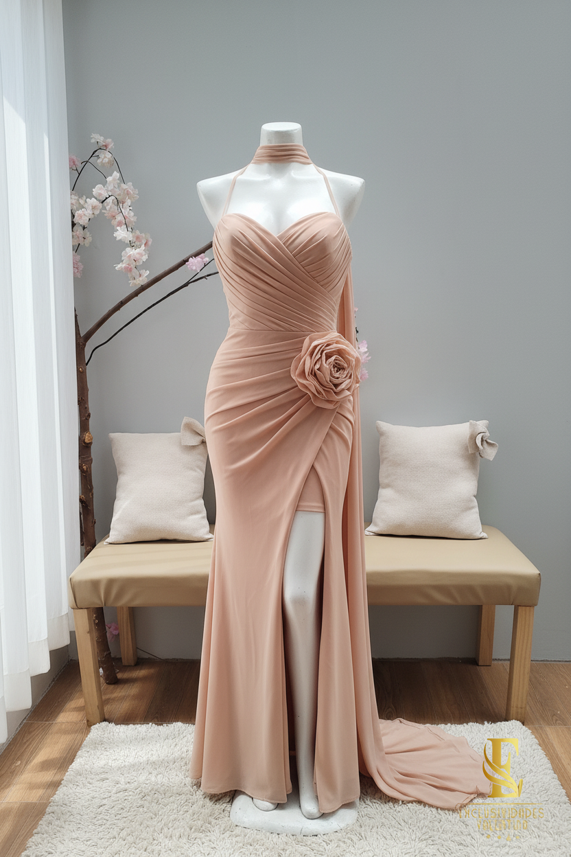 Vestido Nude Strapless Sirena con Flor 3D y Capa Chifón cod.V351