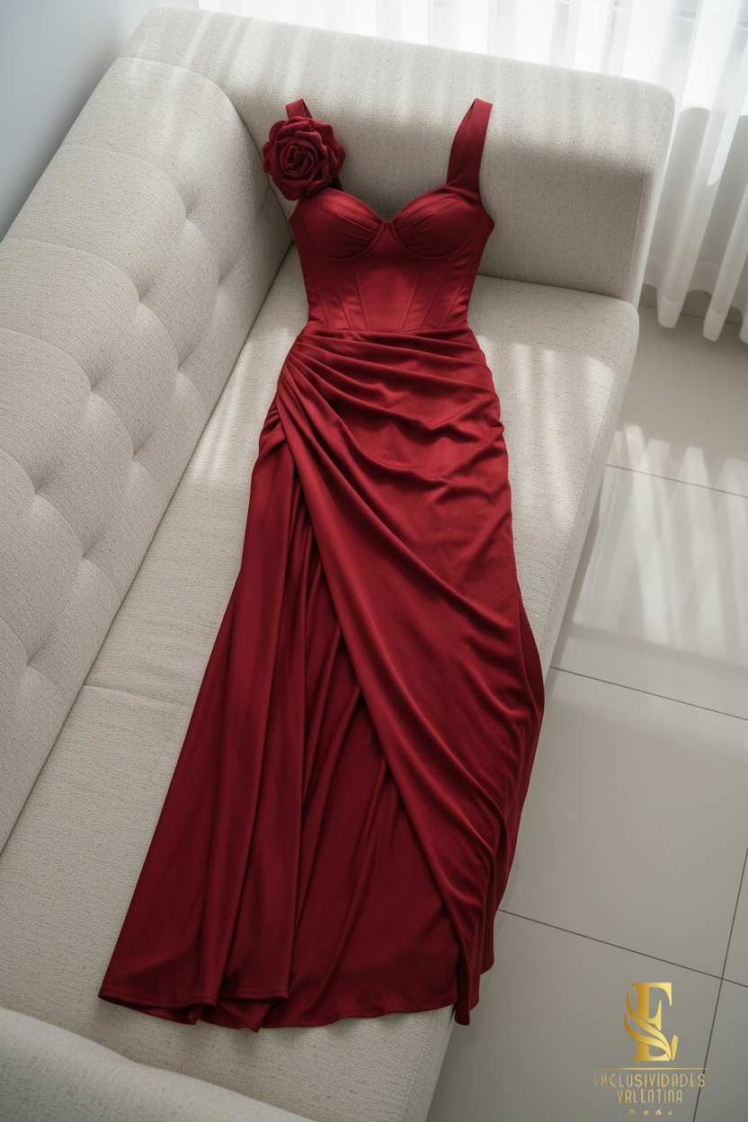 Vestido Rojo Vino Corset con Flor D cod.V345