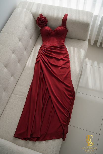 Vestido Rojo Vino Corset con Flor D cod.V345
