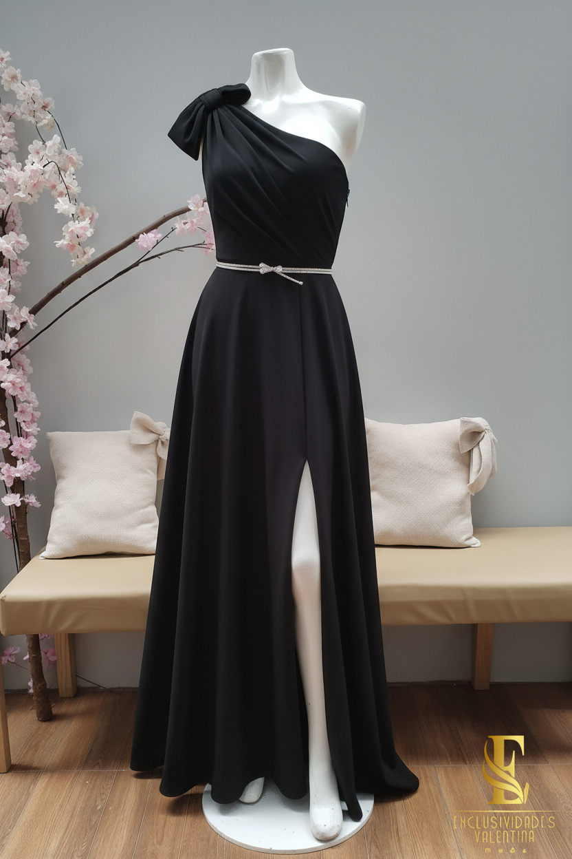 Vestido Negro Largo Un Hombro Moño Cinturón Plateado Falda A-Line Abertura cod.V304