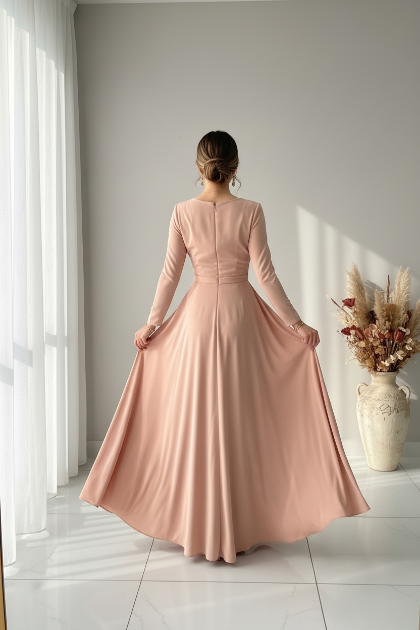 Vestido Rosa Palo Gala Escote V Manga Larga Drapeado cod.V581