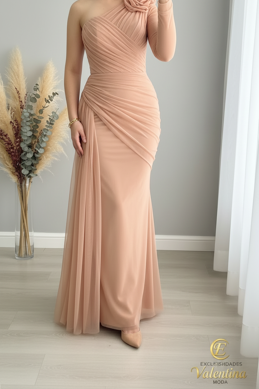 Vestido Sirena Blush Un Hombro Tul Drapeado Rosa D cod.V403
