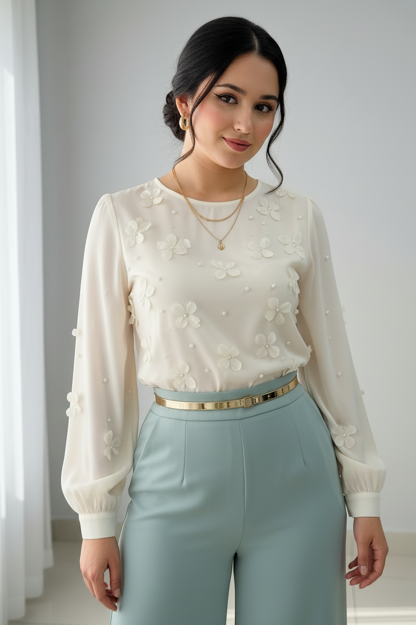 Conjunto Verde Menta Blusa Chiffon Flores 3D y Palazzo cod.C379