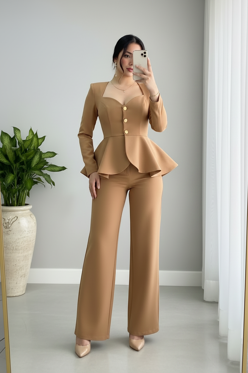 Conjunto Dos Piezas Camel — Blazer Bustier Peplum Botones Dorados & Pantalón Palazzo cod.904