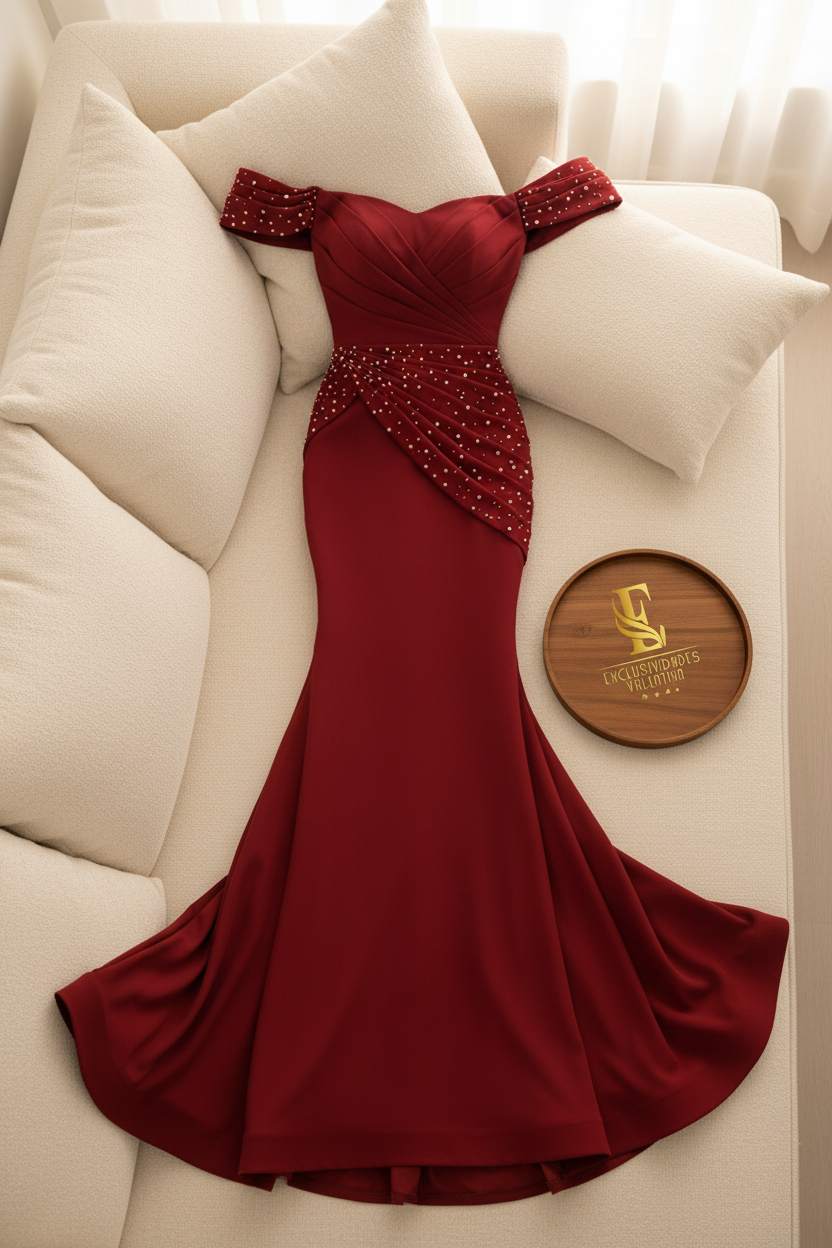 Vestido Rojo Off-Shoulder Perlas Sirena cod.0023