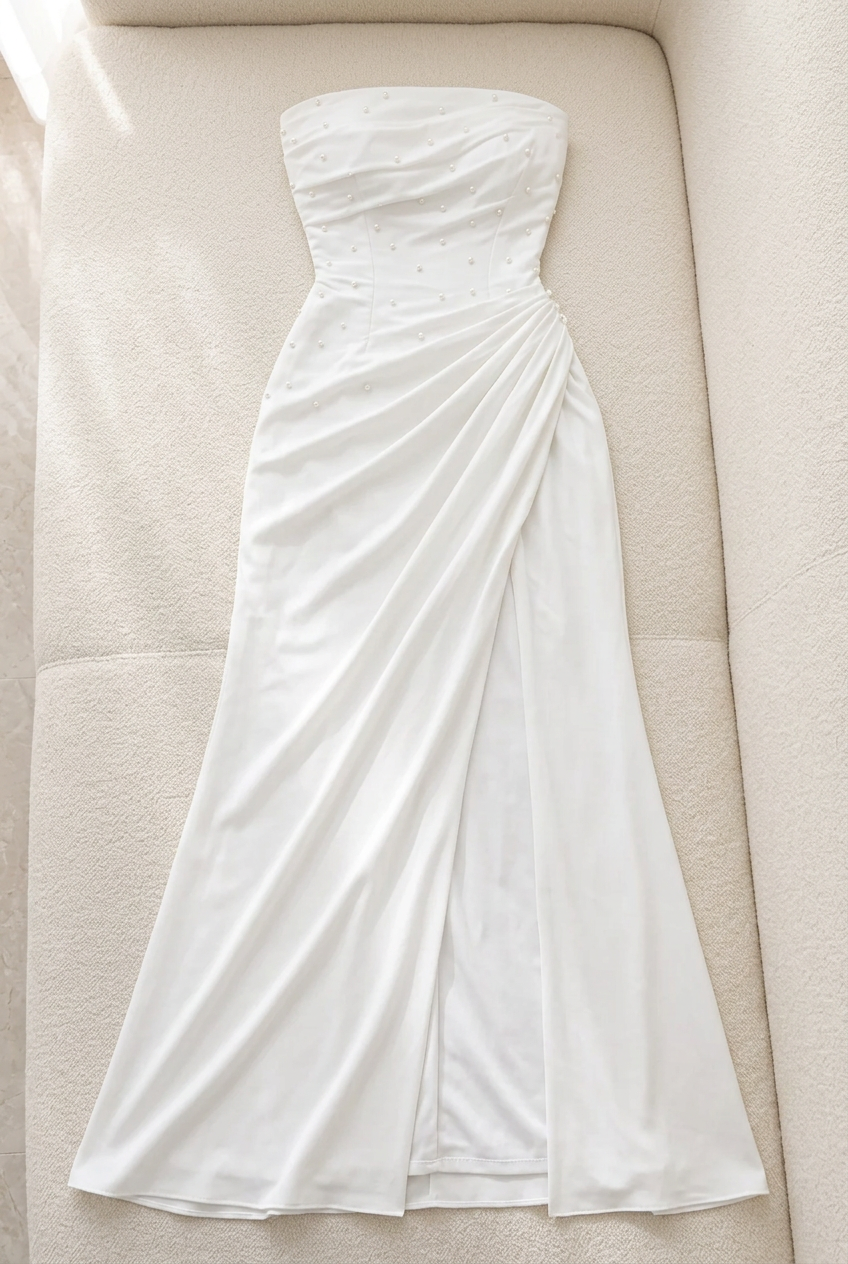 Vestido largo blanco strapless drapeado con abertura y espalda corsé cod. VC030